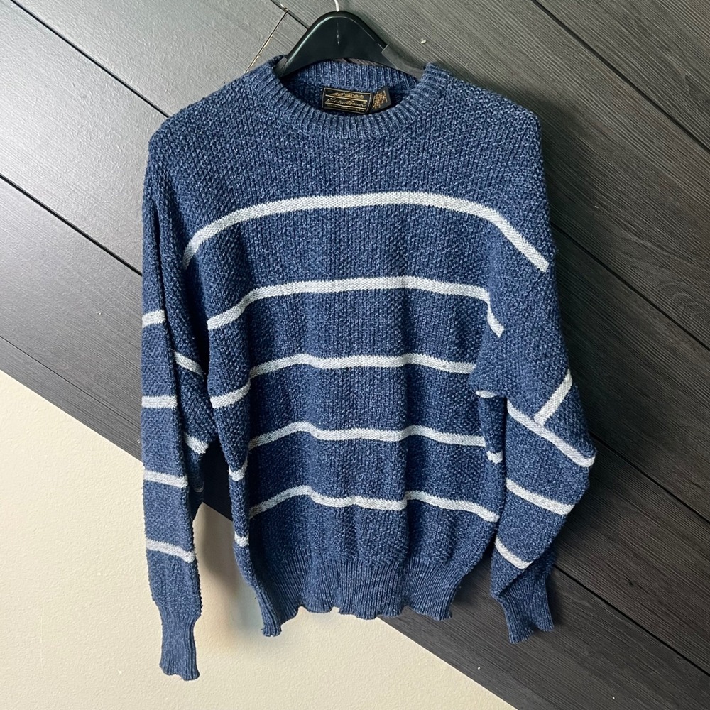 Vintage Eddie Bauer Men's Cotton Crewneck Sweater Blue White Striped‎ Medium